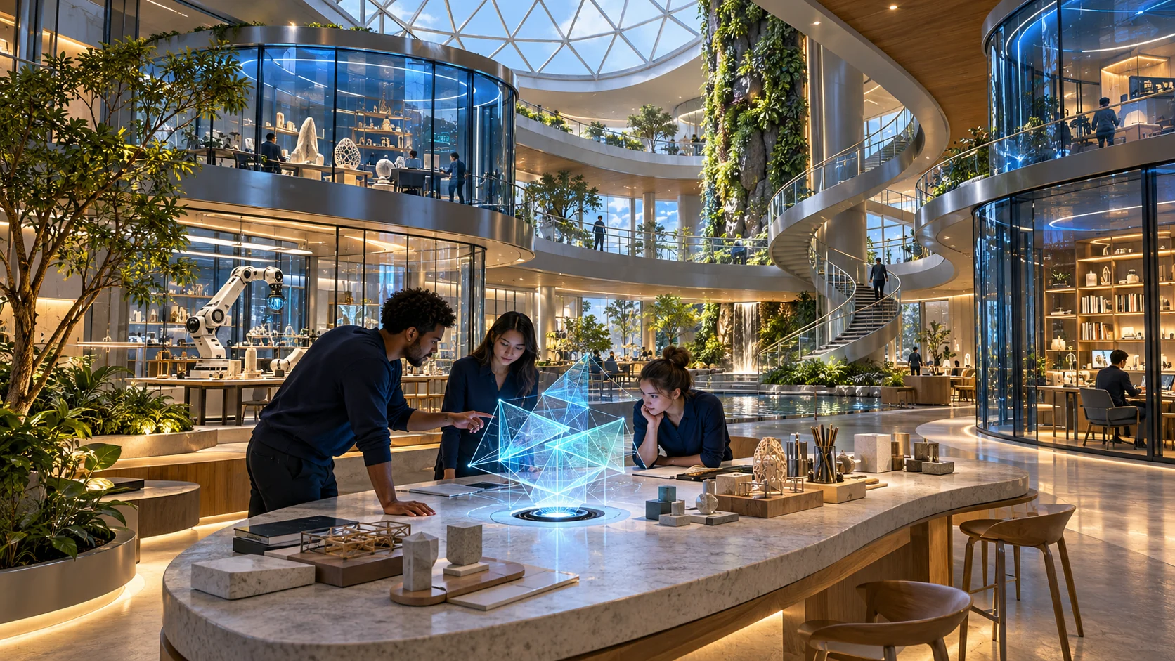 An imagined future invention studio with luminous prototypes, glass workspaces and a living garden