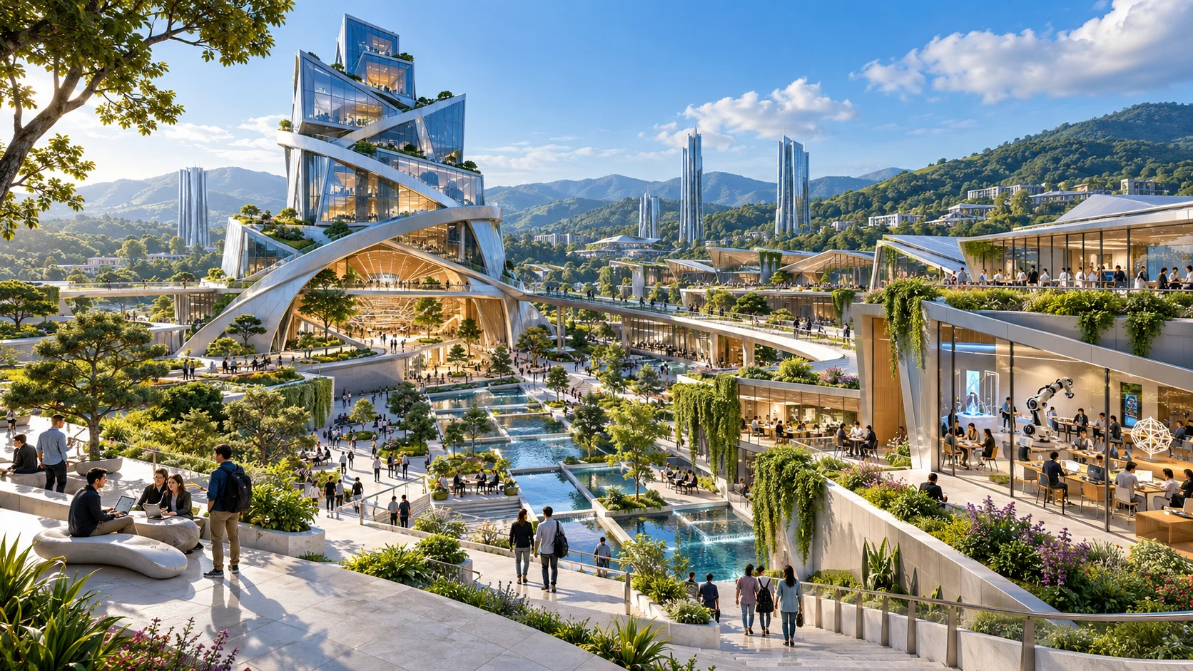 An imagined future learning city with crystalline glass architecture, planted sky bridges and connected study terraces